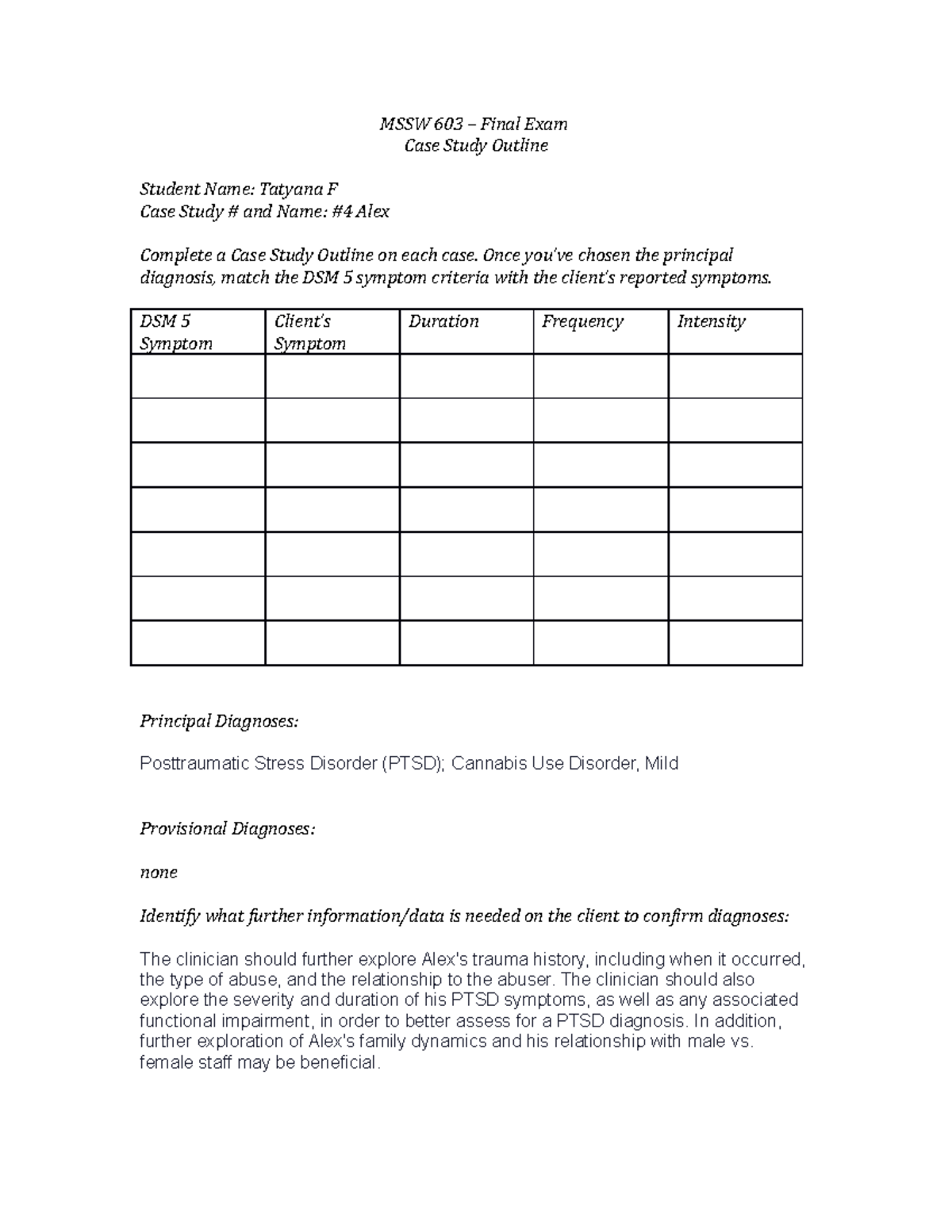 MSSW 603 case study #4 Alex - MSSW 603 – Final Exam Case Study Outline ...