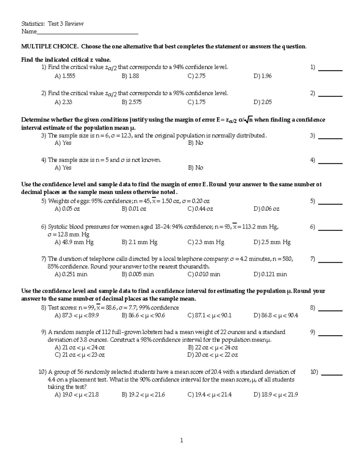 Stats-3-review - Ssd - Statistics: Test 3 Review Name 