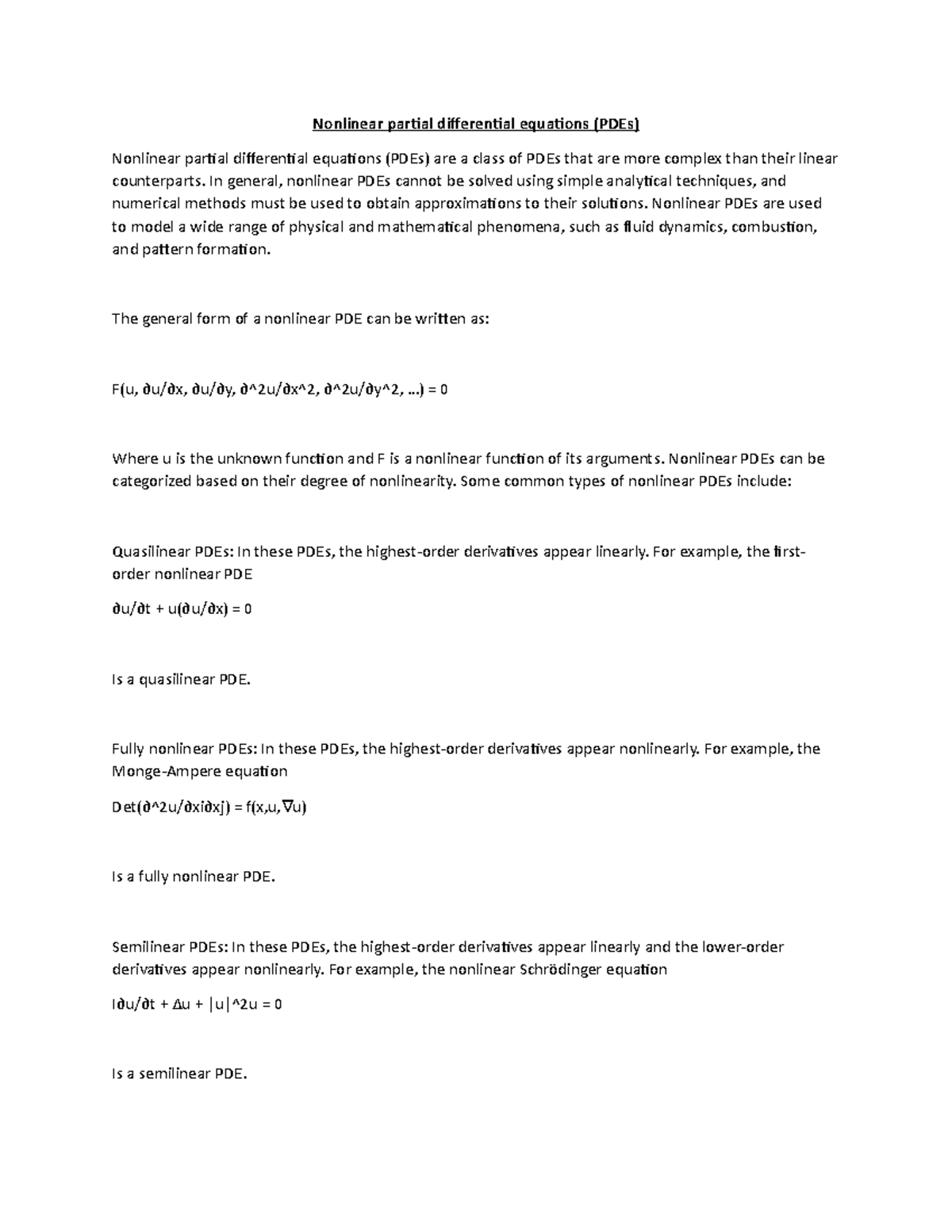 Nonlinear partial differential equations (PDEs) - In general, nonlinear ...