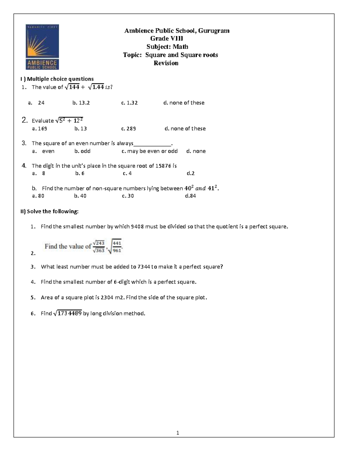 1693988116 Square and Square Roots- Revision Worksheet - 1 Ambience ...