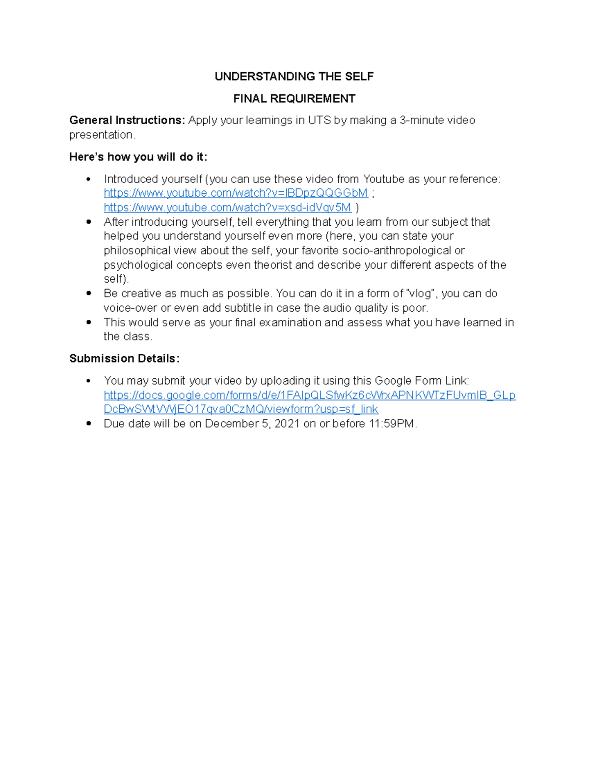 Understanding THE SELF Final Requirement - UNDERSTANDING THE SELF FINAL ...