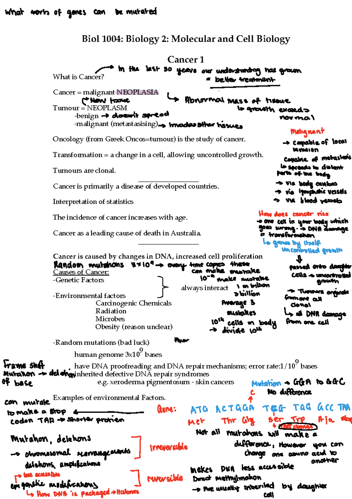 Biology Cancer 1-2023 - Lecture Notes - Biol 1004: Biology 2: Molecular ...