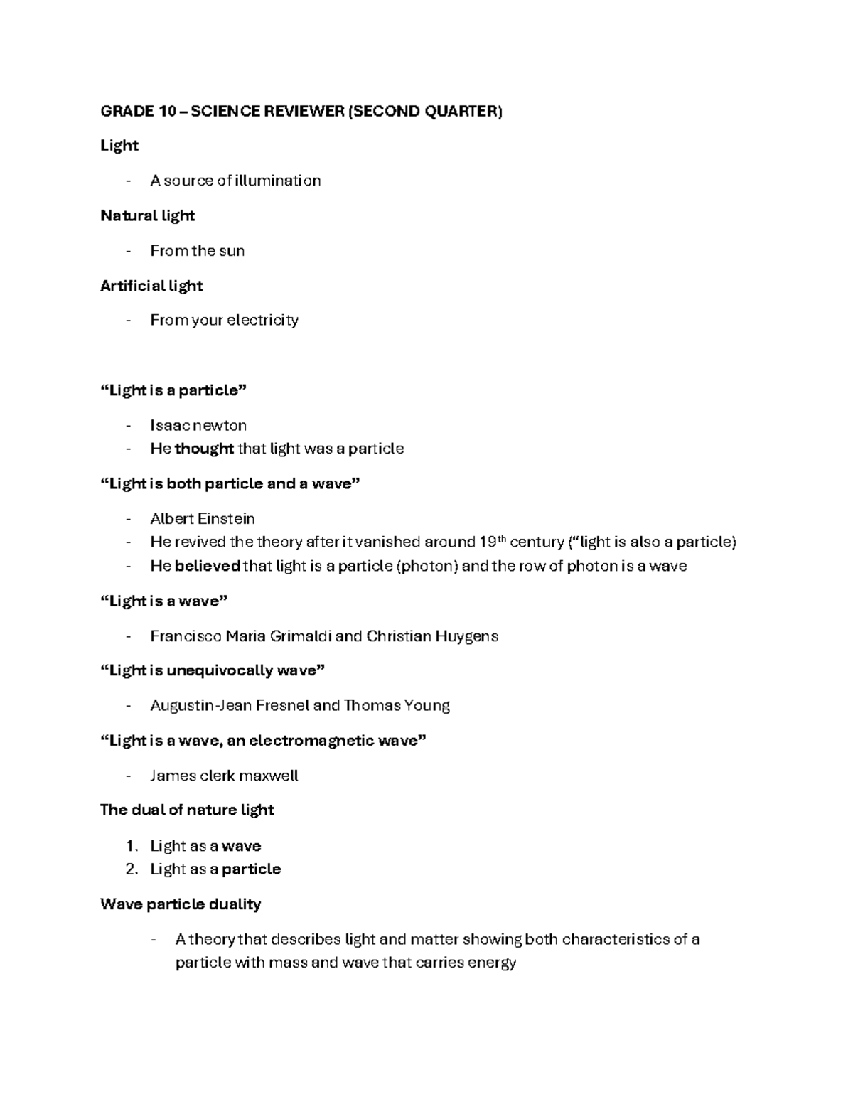 Grade 10 science - GRADE 10 – SCIENCE REVIEWER (SECOND QUARTER) Light ...