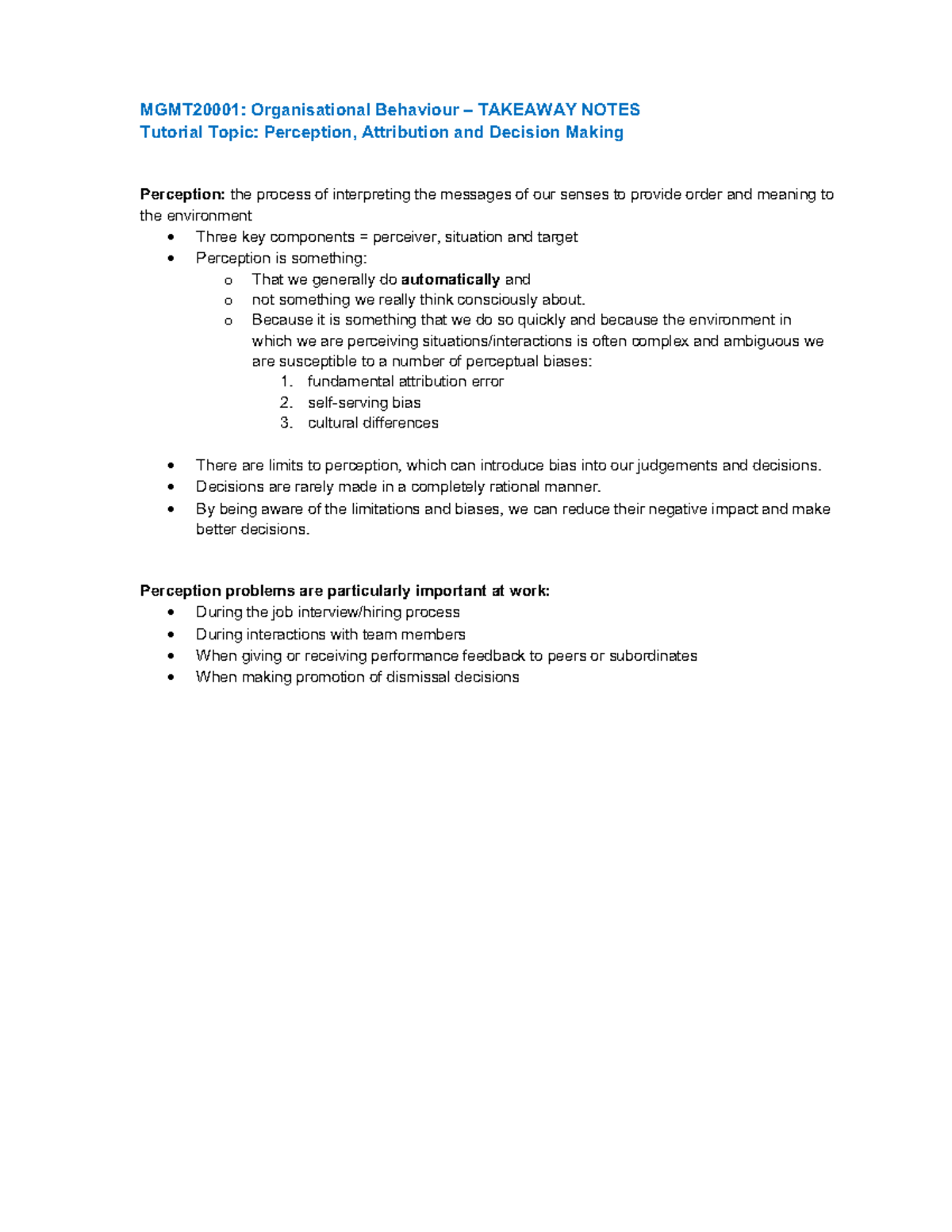 Take away notes 2 - MGMT20001: Organisational Behaviour – TAKEAWAY ...
