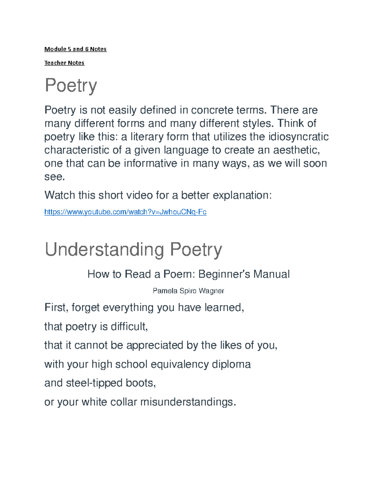 Module 5 and 6 Notes - Module 5 and 6 Notes Teacher Notes Poet ry ...