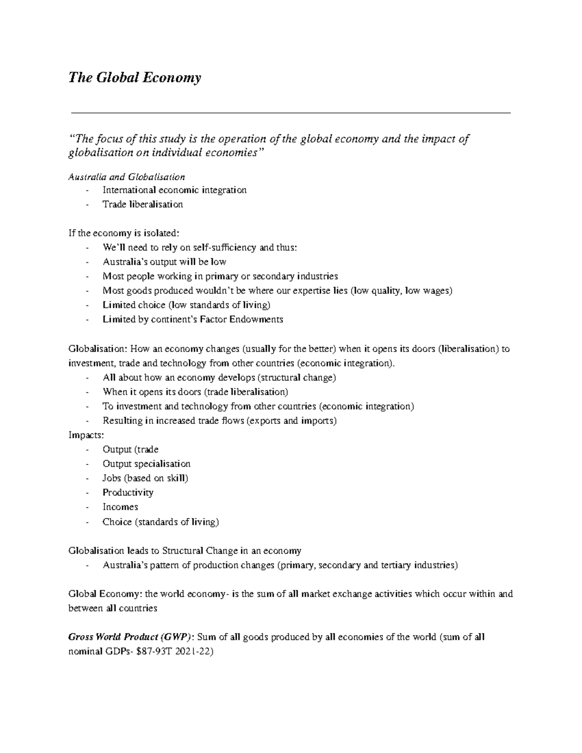 HSC topic 1 The Global Economy - The Global Economy