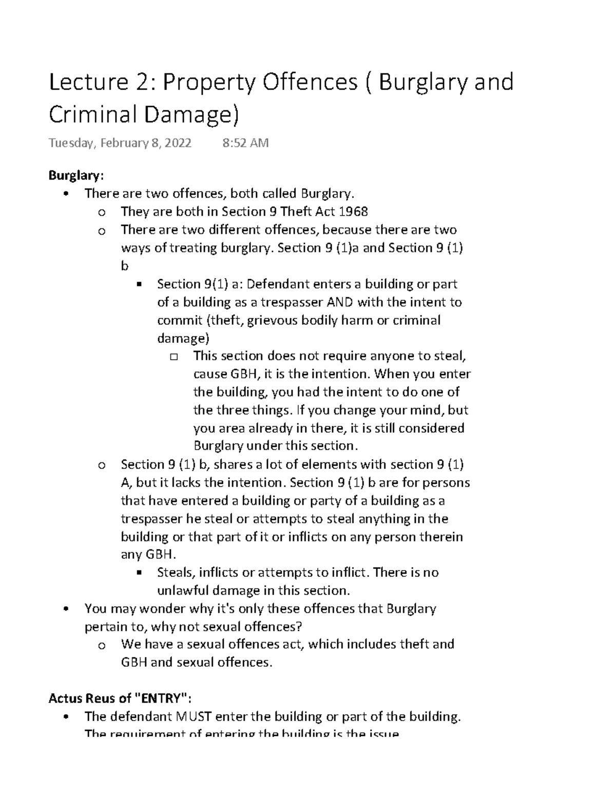 Lecture 2 Property Offences ( Burglary and Criminal Damage) - Burglary ...