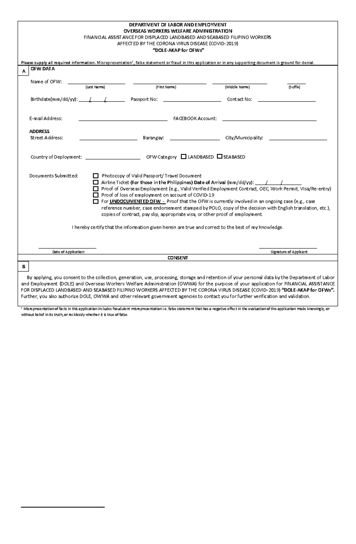 DOLE AKAP Application FORM - DEPARTMENT OF LABOR AND EMPLOYMENT ...