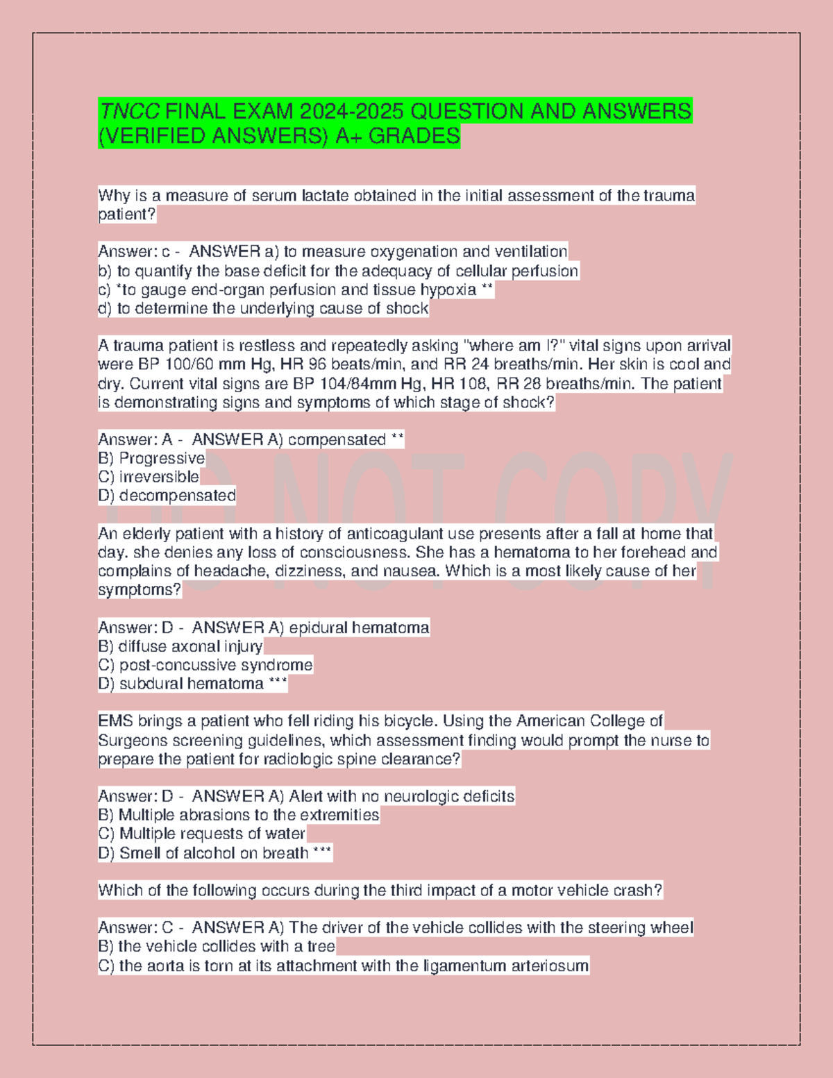 TNCC Final EXAM 2024 TNCC FINAL EXAM 2024 2025 QUESTION AND ANSWERS