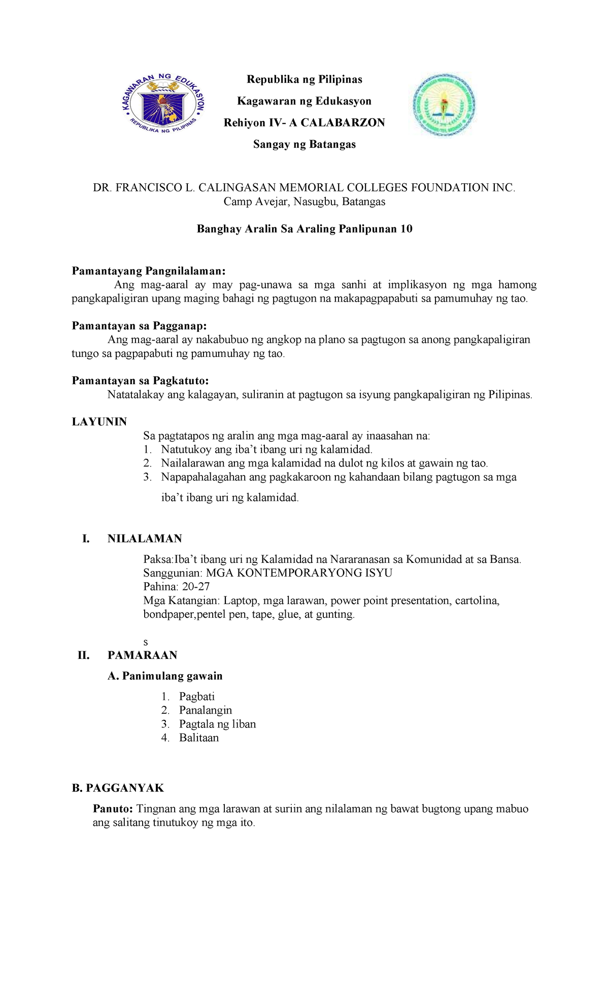 Grade-10 - banghay aralin - Republika ng Pilipinas Kagawaran ng ...