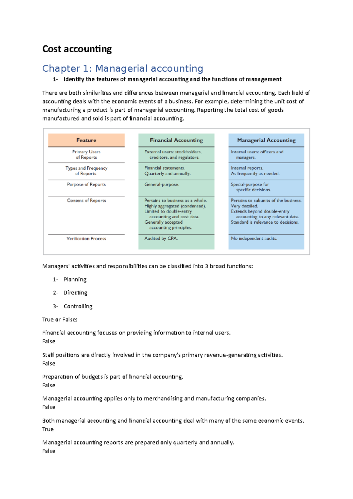 Samenvatting Cost Accounting - Cost Accounting Chapter 1: Managerial ...