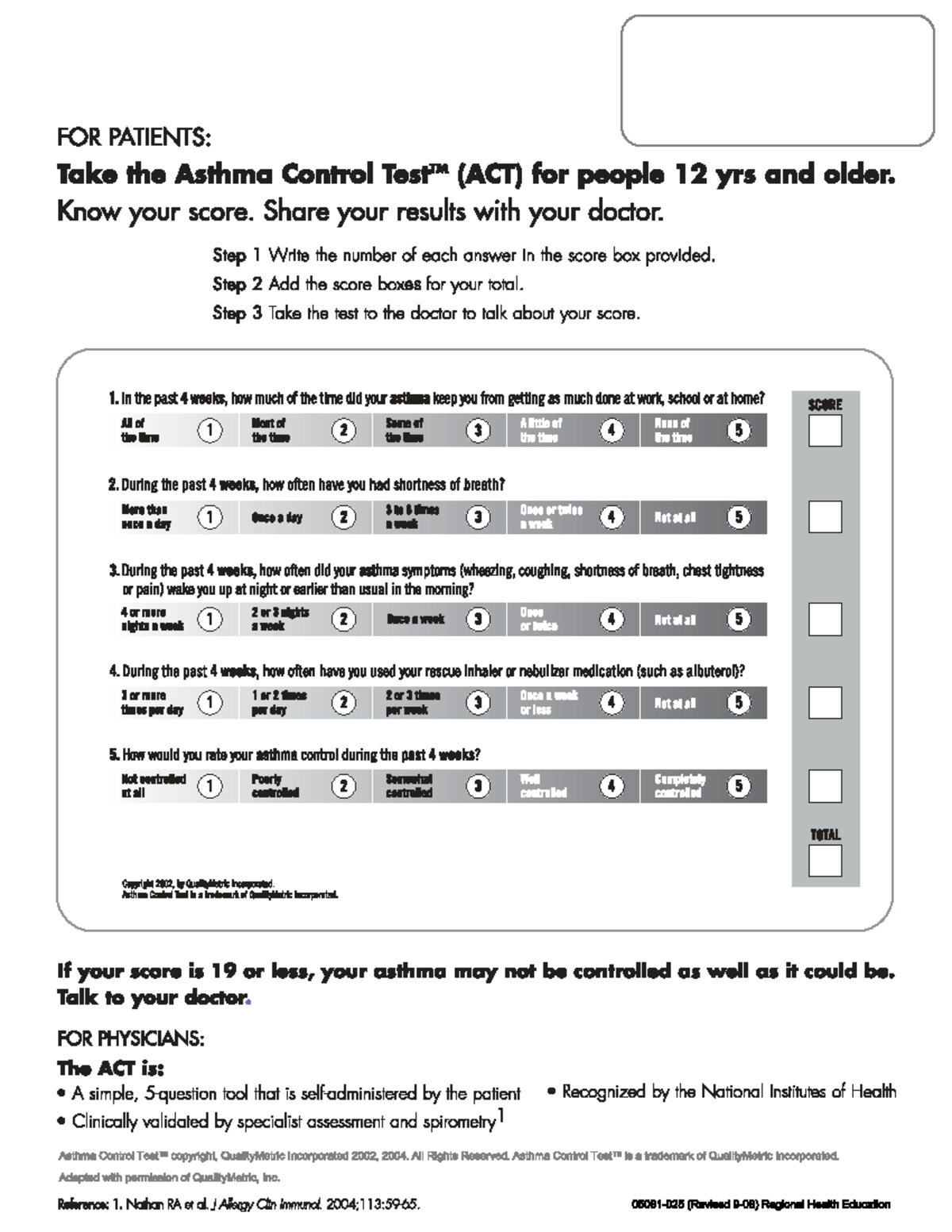 Asthma Control Test Adult - Kedokteran - Studocu