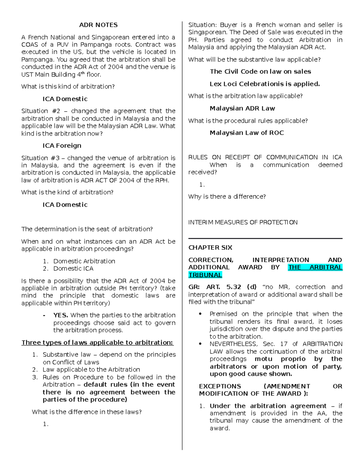 ADR Notes - ADR NOTES A French National and Singaporean entered into a ...