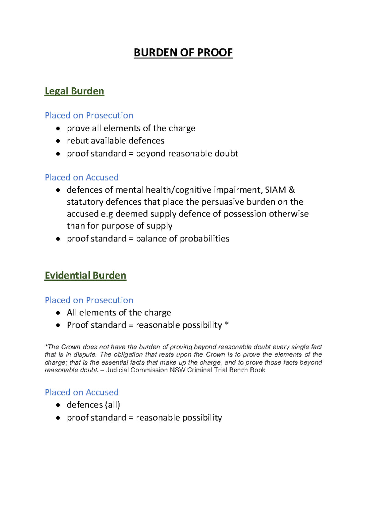 Burden OF Proof - Summary Criminal Law - BURDEN OF PROOF Legal Burden ...