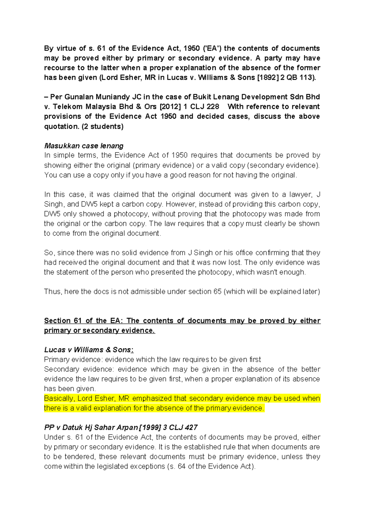 Evidence W8 Tuto Exclusive By Virtue Of S 61 Of The Evidence Act