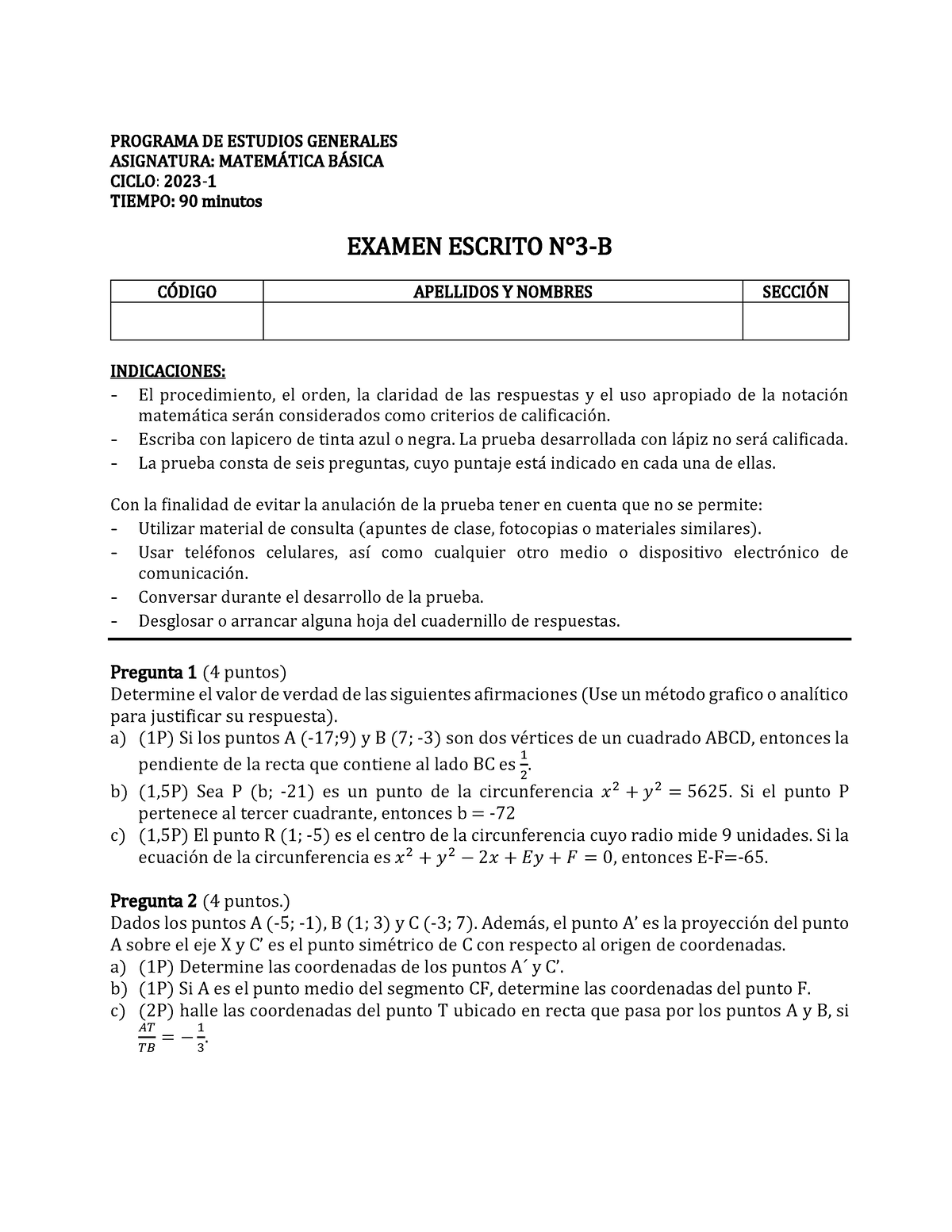 Examen Escrito 3-B (2023-1) - PROGRAMA DE ESTUDIOS GENERALES ASIGNATURA ...