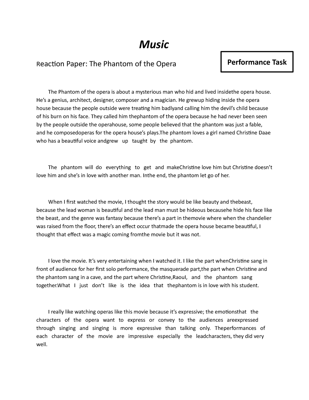 Mapeh - essays - Music Reaction Paper: The Phantom of the Opera The ...
