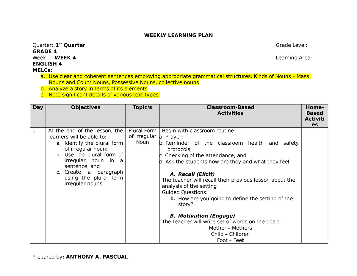 WLP-ENG4-W4 - Weekly Learning Plan - WEEKLY LEARNING PLAN Quarter: 1st Quarter Grade Level ...