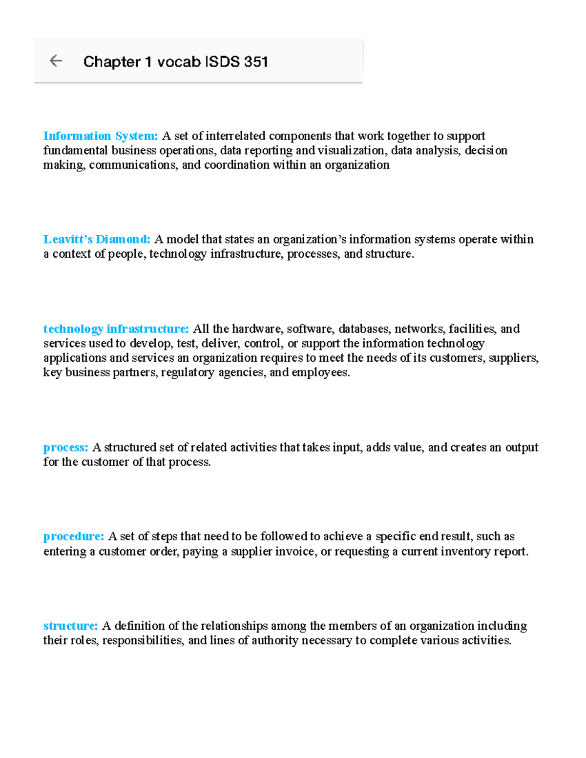 Chapter 1 Vocab ISDS 351 - Information System: A Set Of Interrelated ...