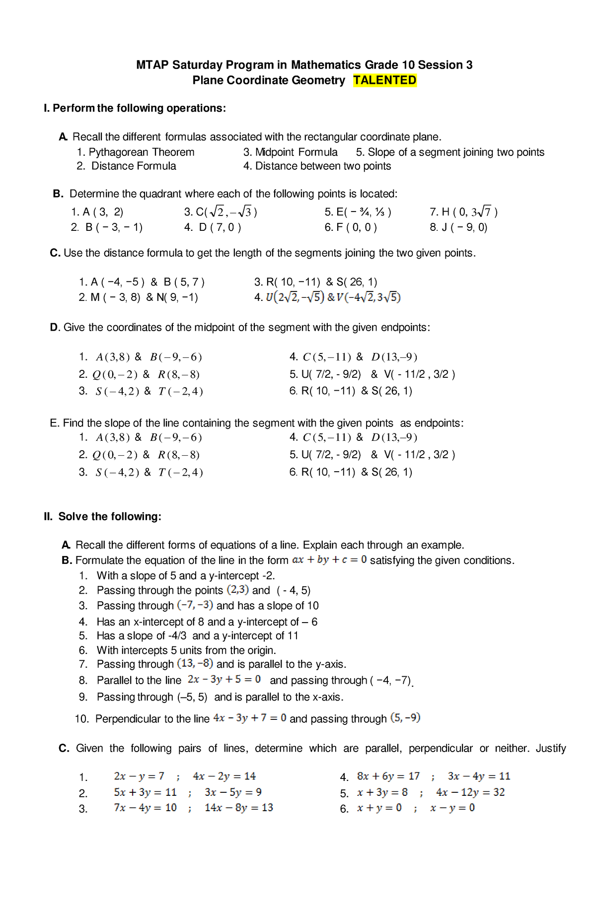 MTAP G10S3 Plane Coordinate GEOM Student Copy - MTAP Saturday Program ...