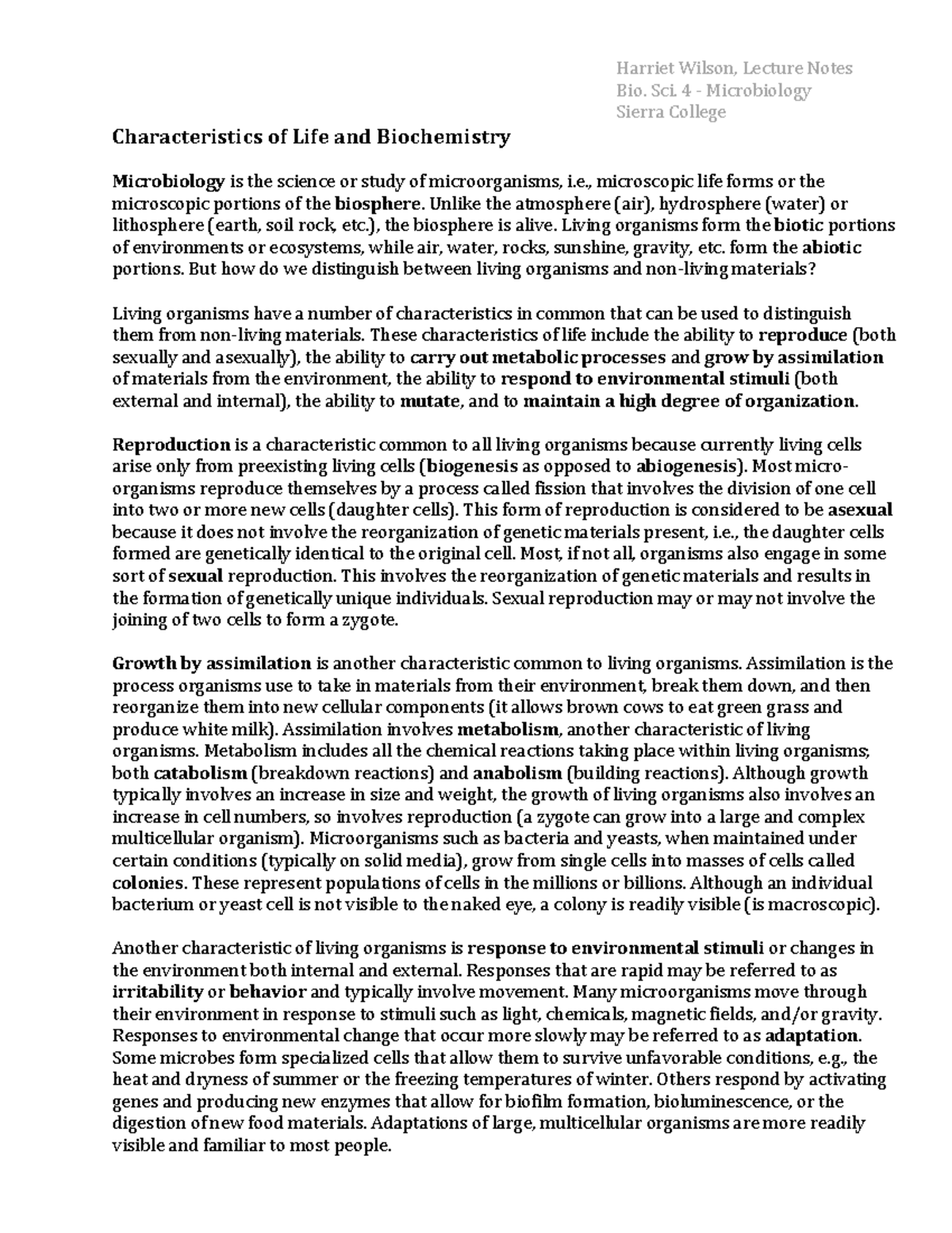 Characteristics of Life and Biochemistry - Harriet Wilson, Lecture ...