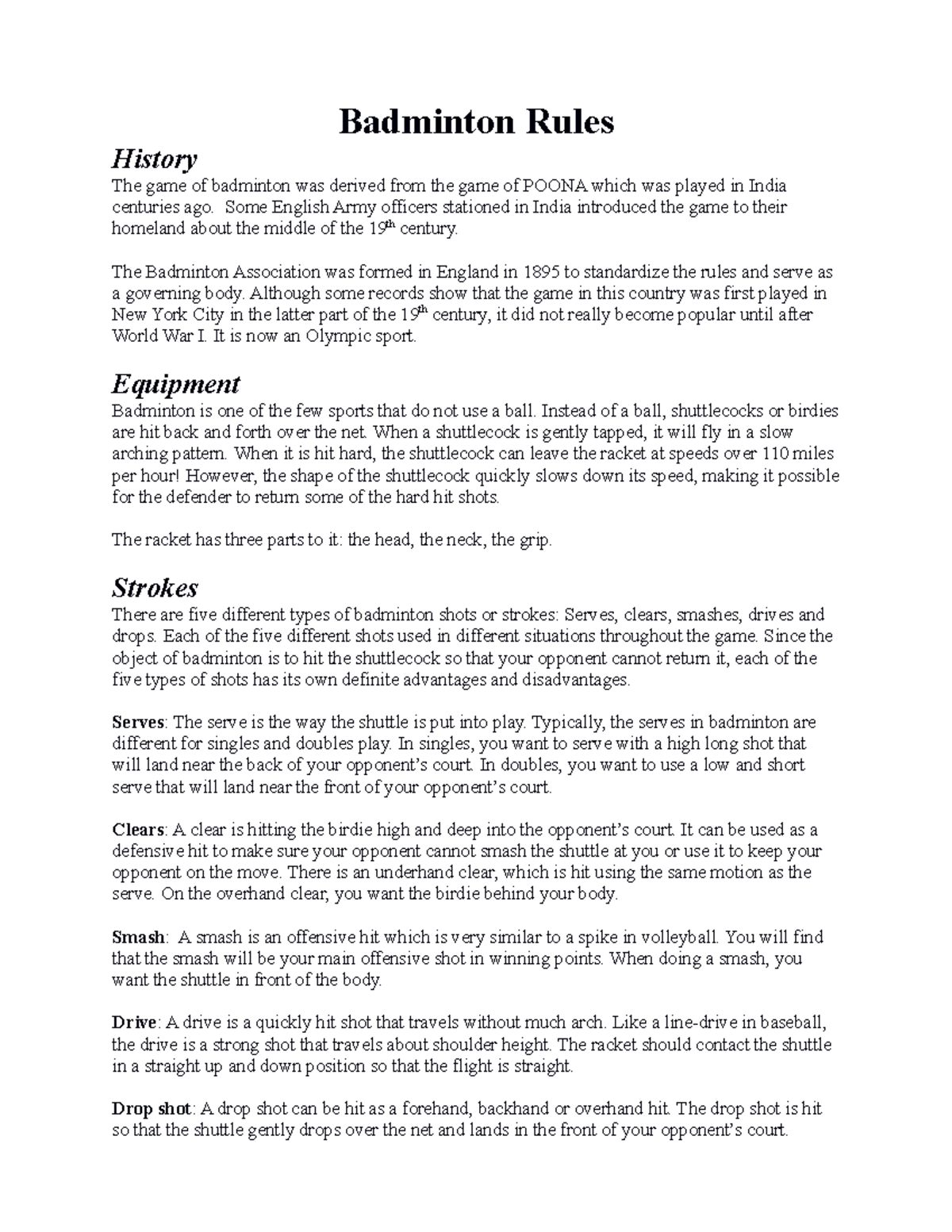 Badminton Rules Physical Education Badminton Rules History The game