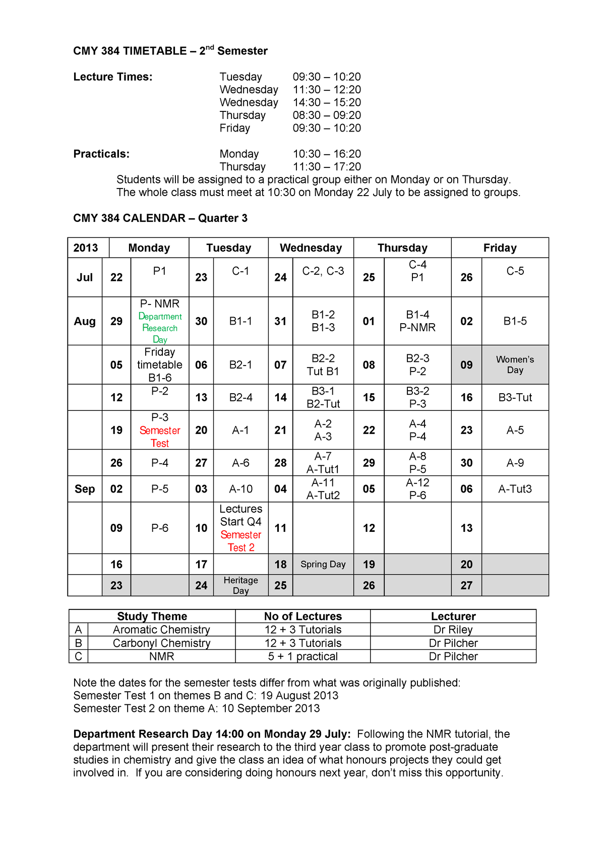 CMY 384 Timetable 2013 - notes - CMY 384 TIMETABLE – 2nd Semester ...