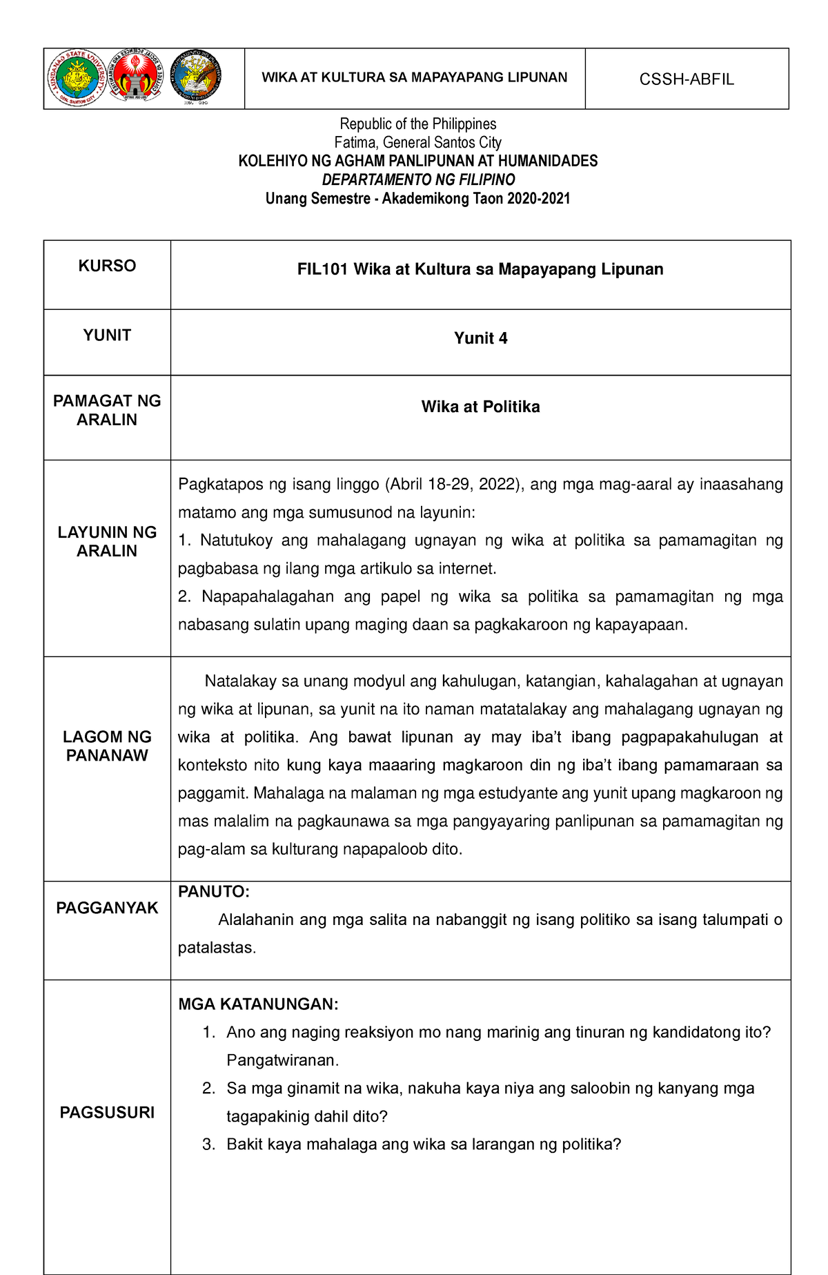 Mod 4 - Fil - KURSO FIL101 Wika at Kultura sa Mapayapang Lipunan YUNIT ...