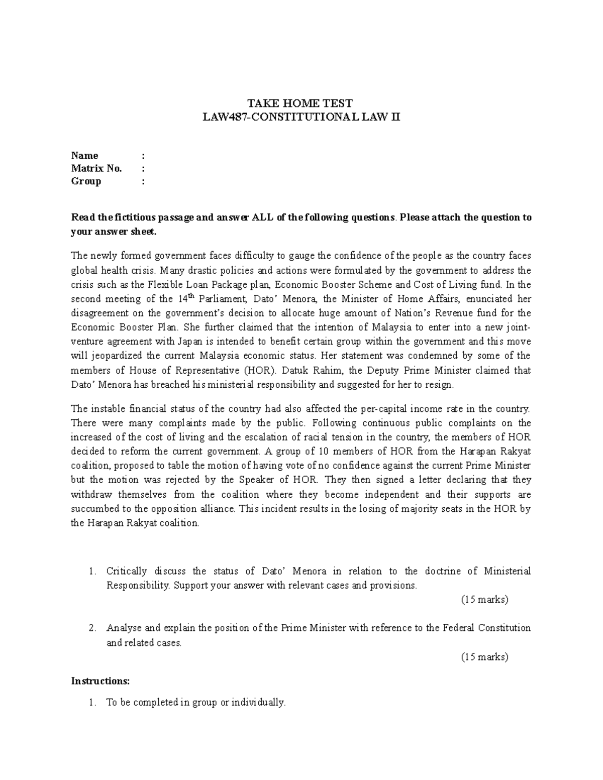 TEST LAW 487 2020 - doctrine of Ministerial Responsibility - TAKE HOME ...