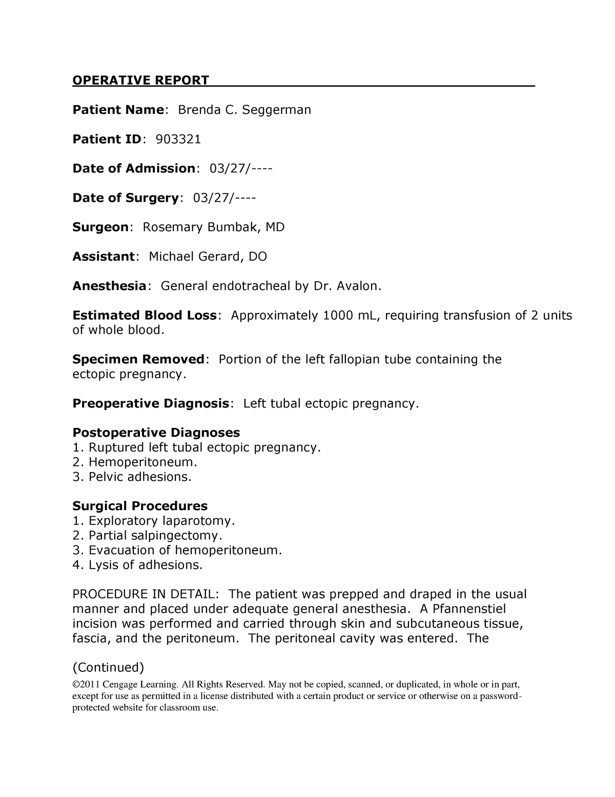 221 Case 21 OR - Operative Report - ©202121 Cengage Learning. All Within Operative Report Template