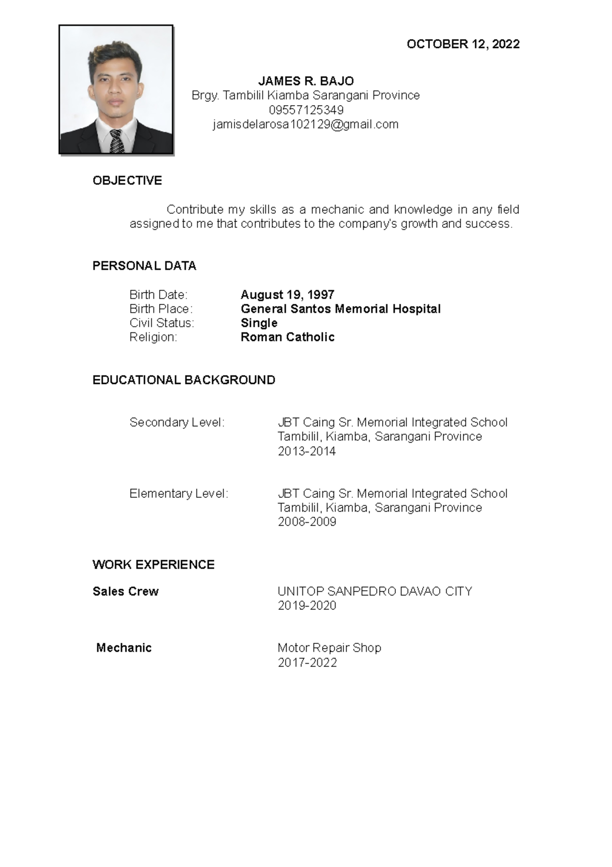 James R. BAJO Resume - Hihi - OCTOBER 12, 2022 JAMES R. BAJO Brgy ...