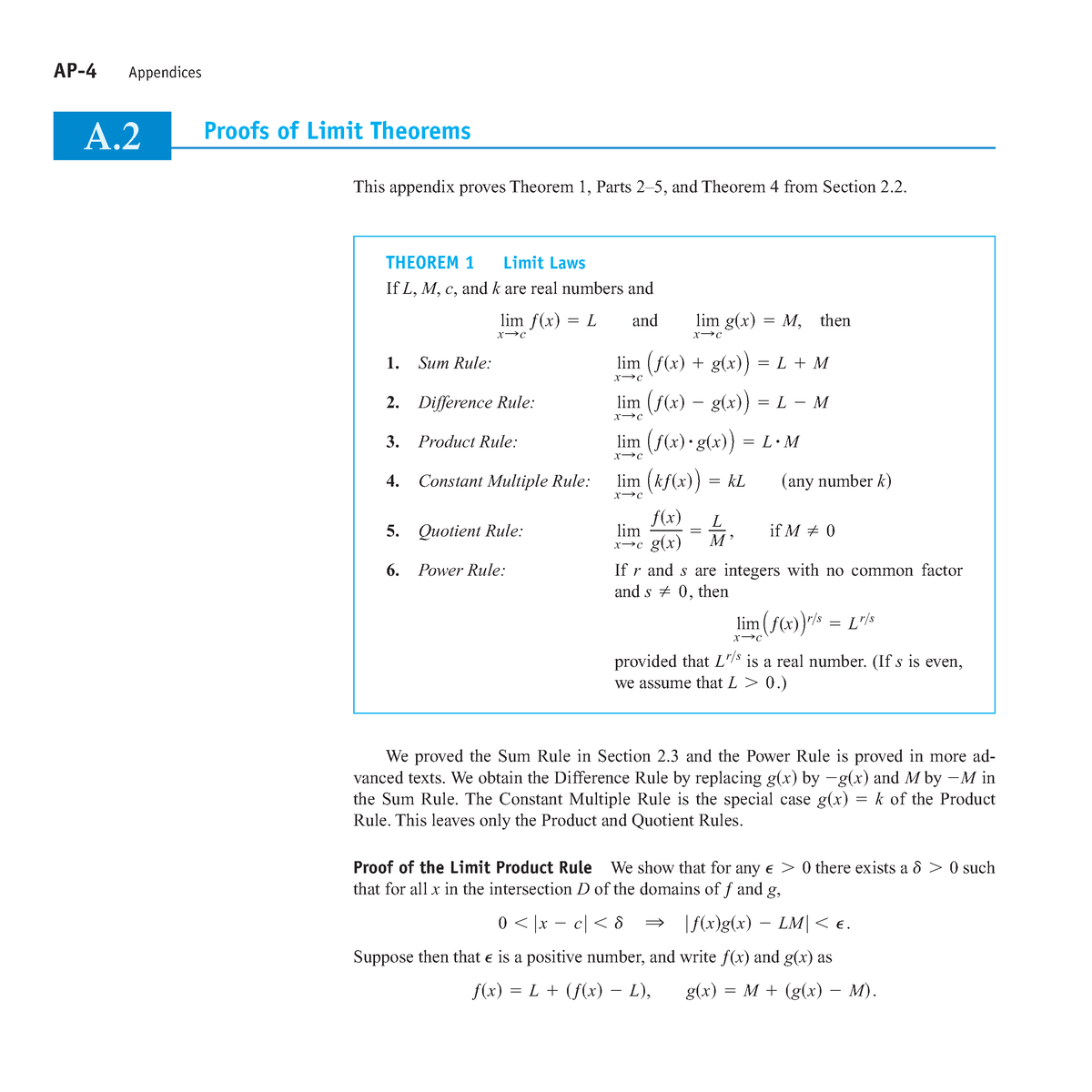 Calculus basics Proofs Of Limit Theorems AP 4 Appendices Proofs Of Limit Theorems This 