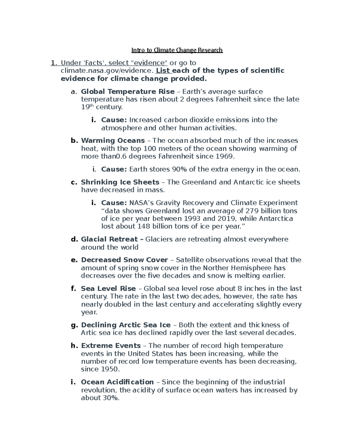 Intro to Climate Change Research - nasa/evidence. List each of the ...