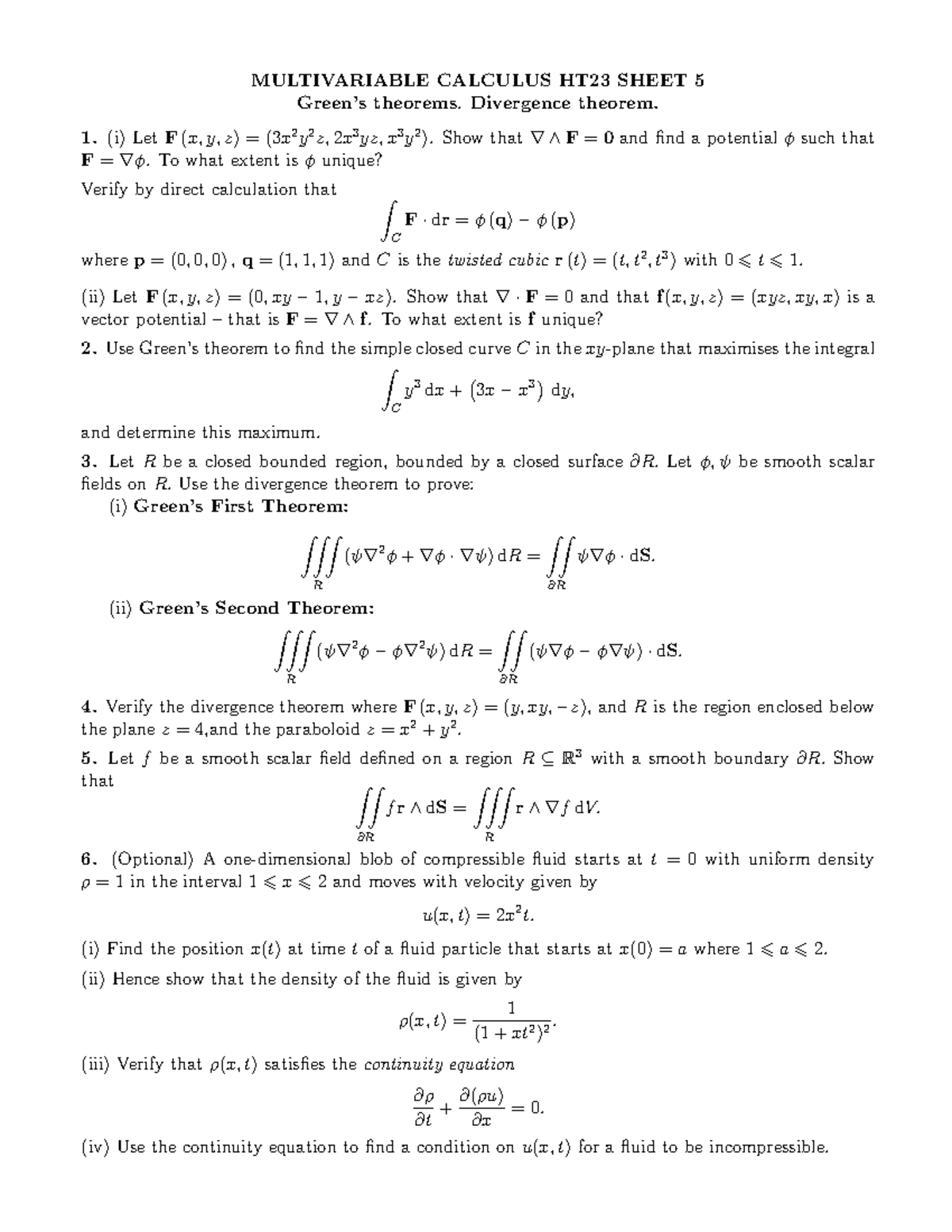 Sheet 5 - MULTIVARIABLE CALCULUS HT23 SHEET 5 Green’s theorems ...