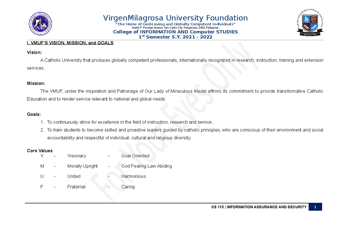 CS 113 syllabus SYLLABUS Information Assurance And Security Studocu