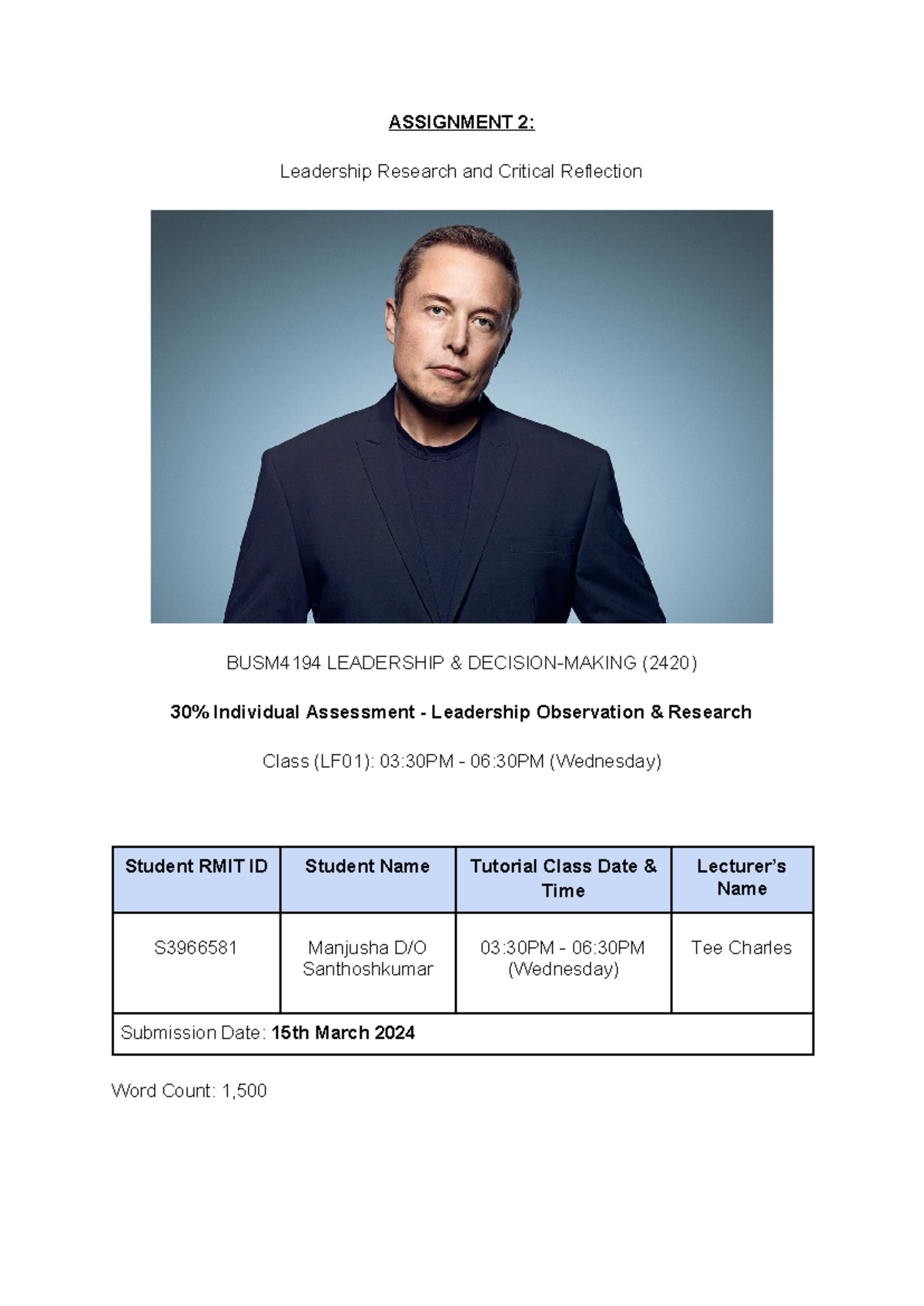 BUSM4194 Assignment 2 - ASSIGNMENT 2: Leadership Research and Critical ...