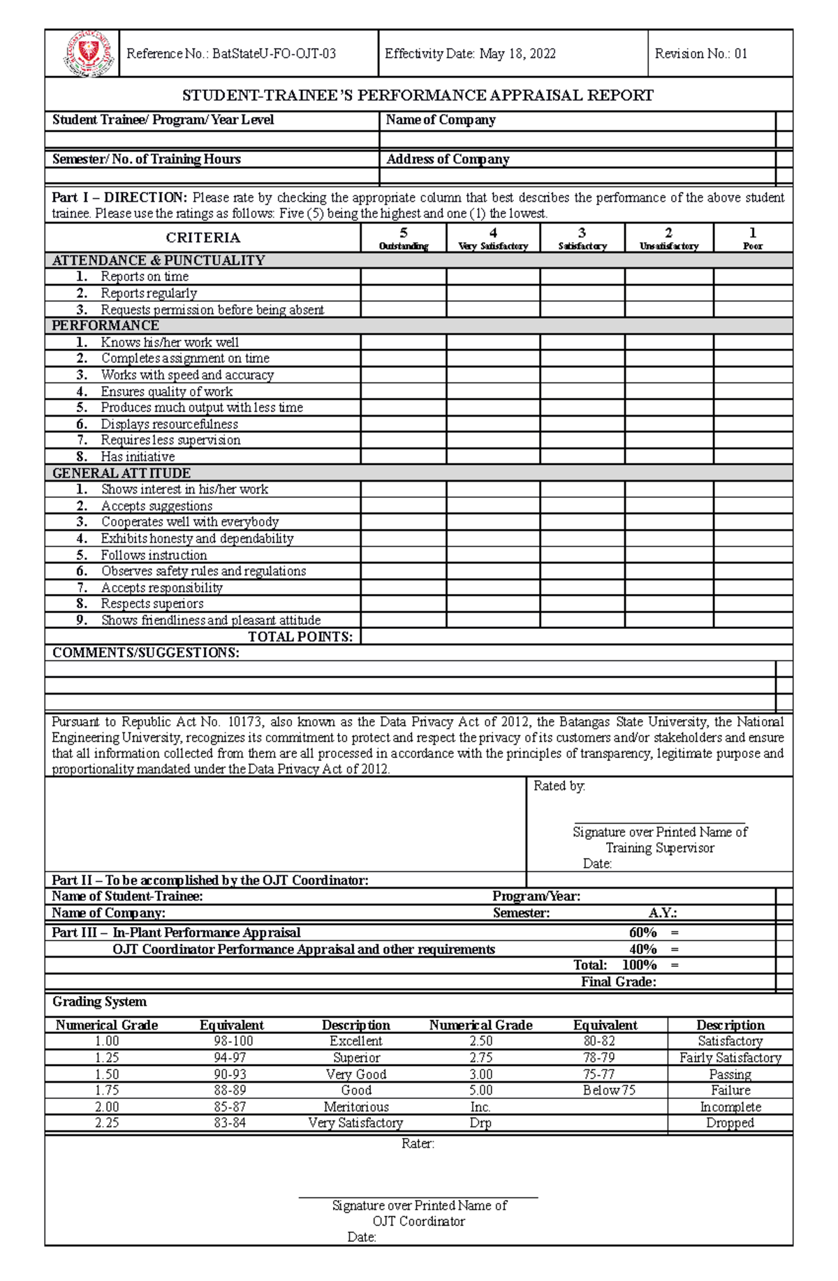 Bat State U-FO-OJT-03 Student-Trainee's Performance Appraisal Report ...