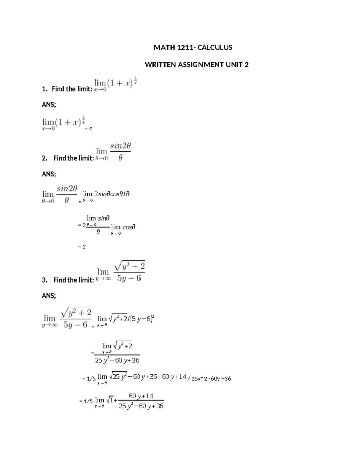 Written Assignment Unit 2 - MATH 1211- CALCULUS WRITTEN ASSIGNMENT UNIT ...