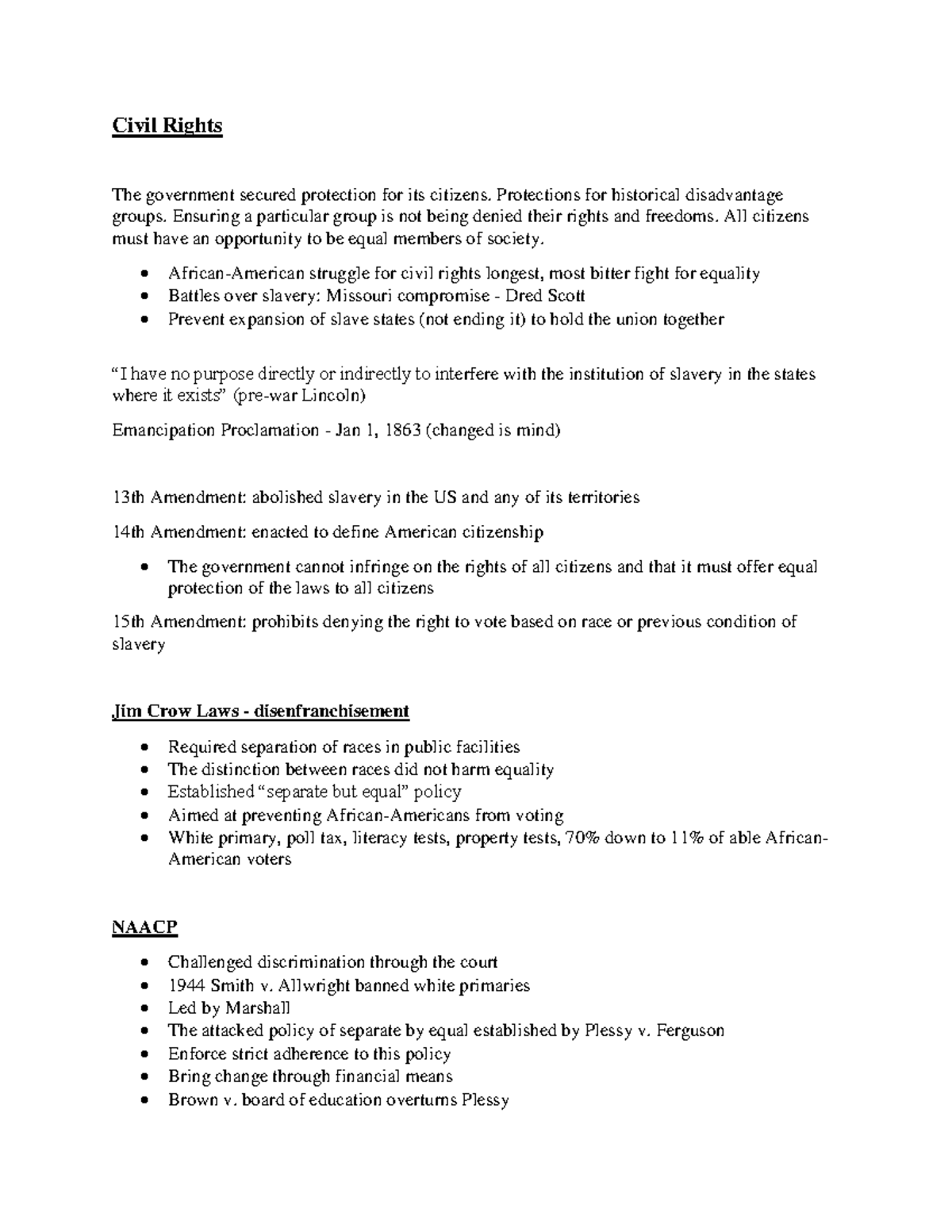 Pols 101 -civil rights - Lecture notes 8 - Civil Rights The government ...