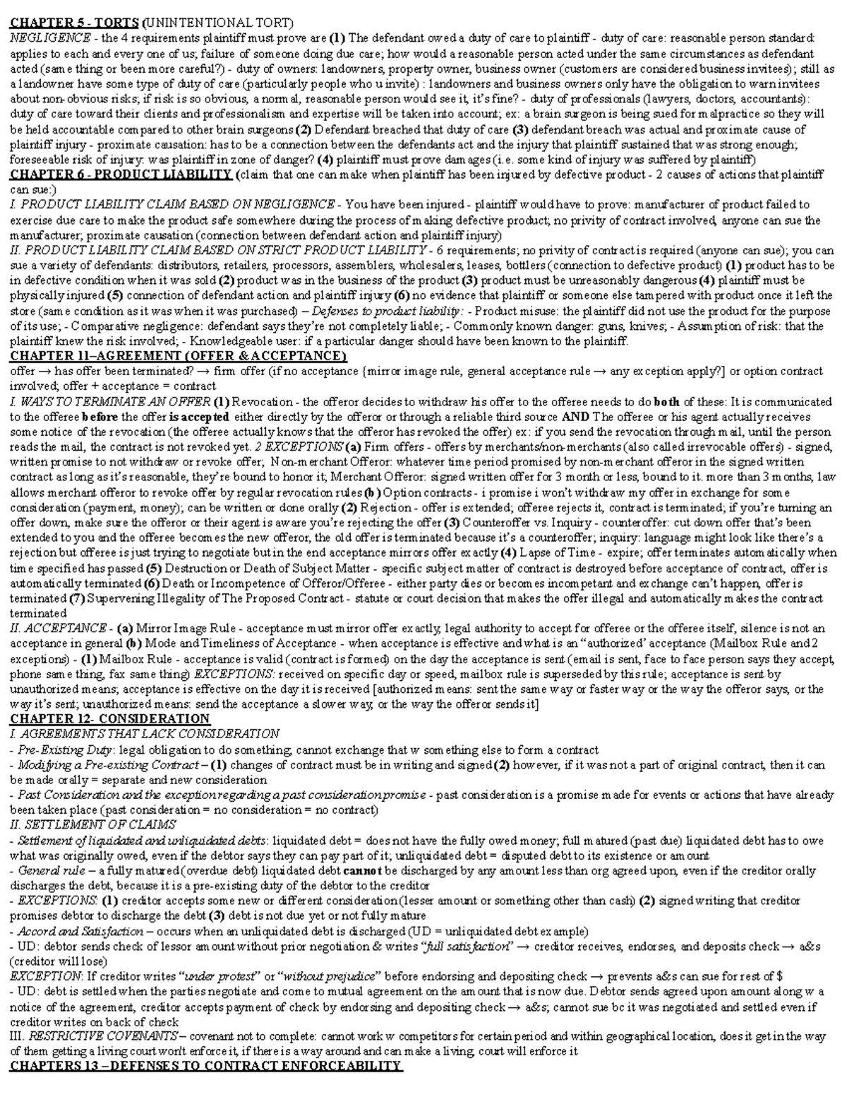 LAW Final Sheet - CHAPTER 5 - TORTS (UNINTENTIONAL TORT) NEGLIGENCE ...