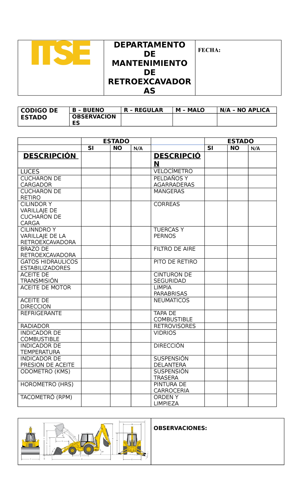 Check LIST Retroexcavadora - DEPARTAMENTO DE MANTENIMIENTO DE ...