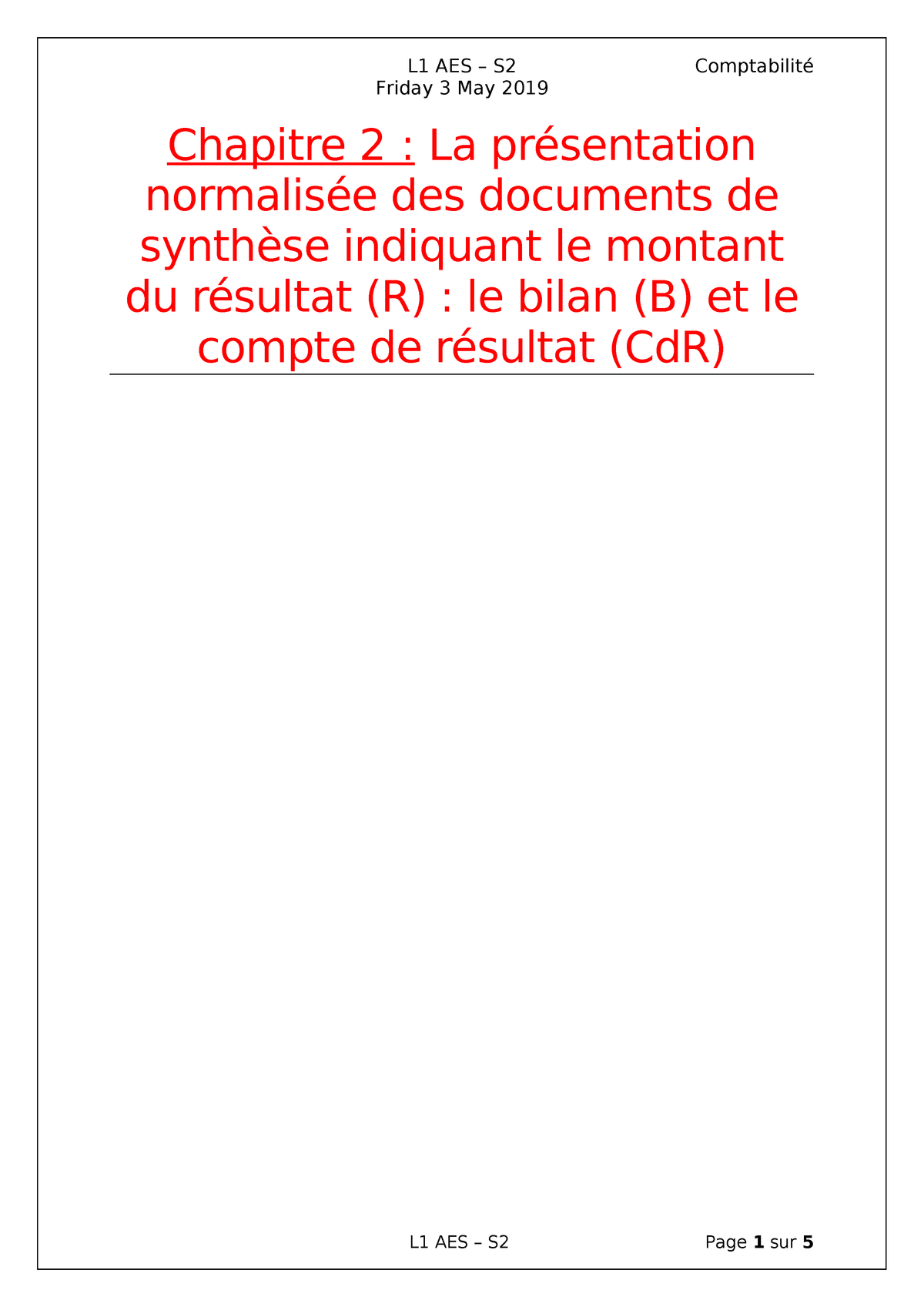 Chapitre 2 - Le Bilan (B) Et Le Compte De Résultat (Cd R) L1 AES S2 ...