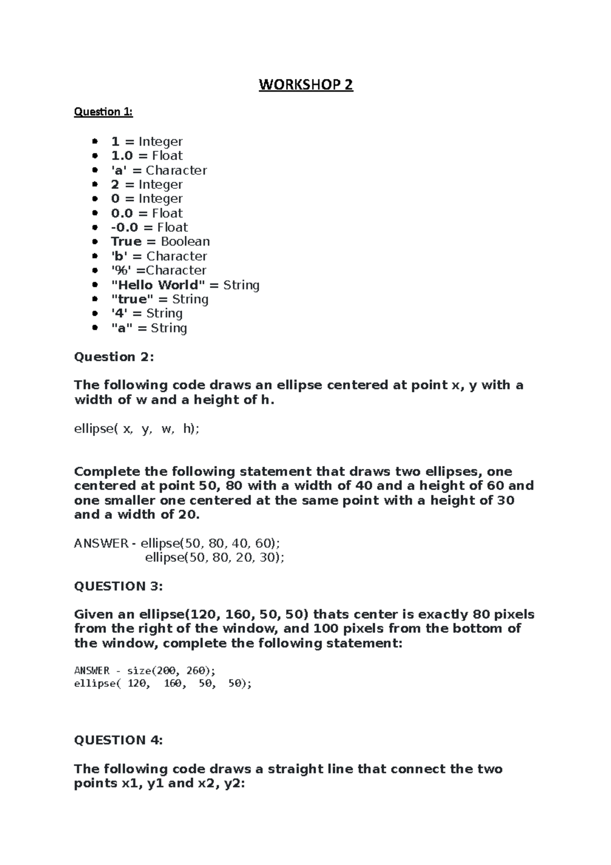 COMP 1000 2 2 Question 1 1 = Integer 1 = Float 'a