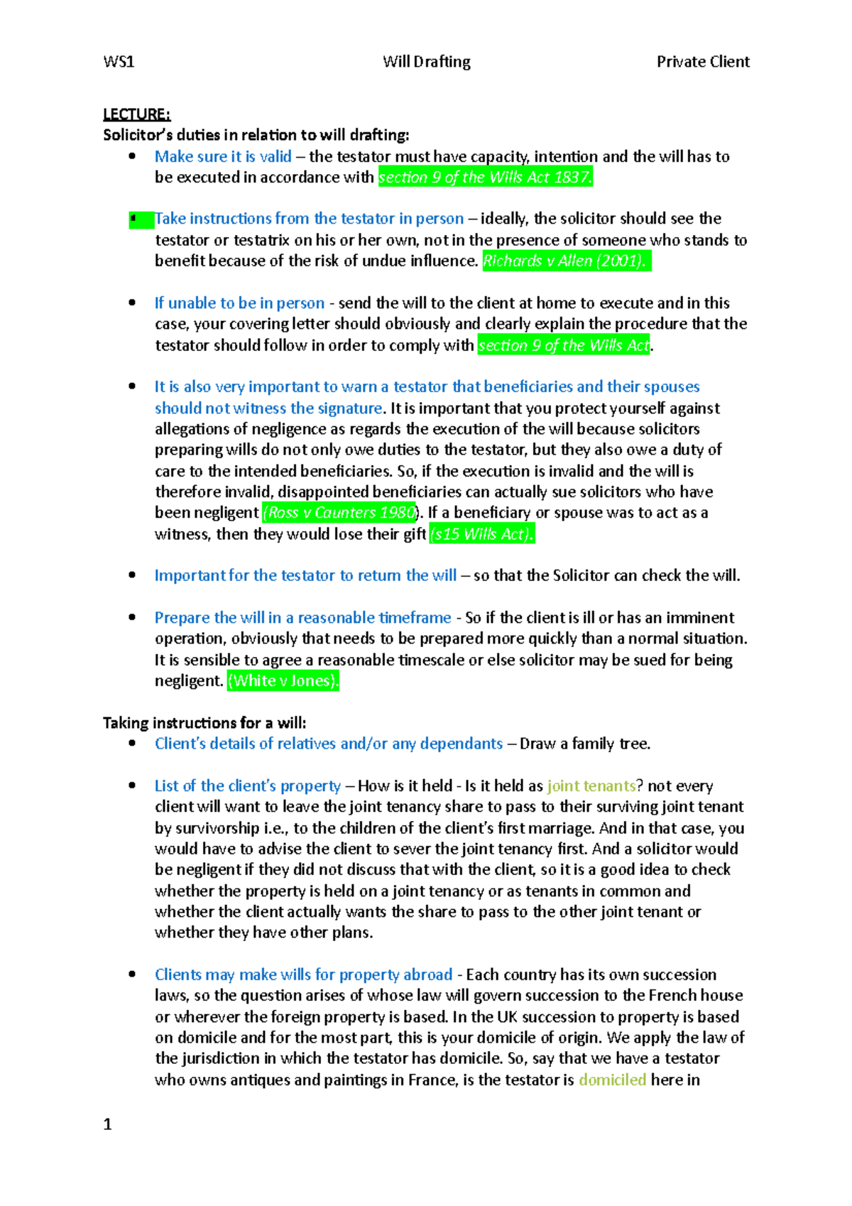 Private Client Workshop 1: Will Drafting - LECTURE: Solicitor’s duties ...