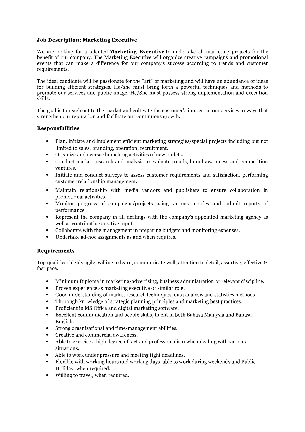 Job Description Marketing Executive Job Description Marketing 