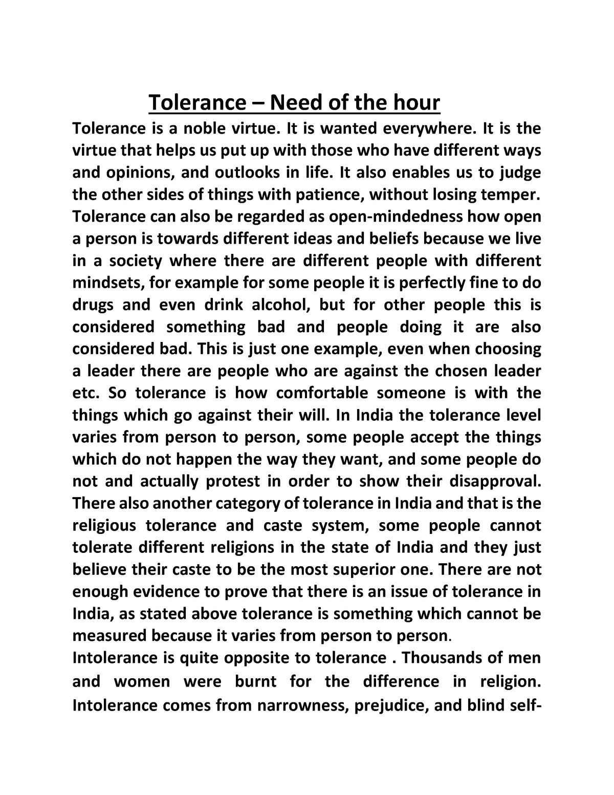 tolerance need of the hour essay in english