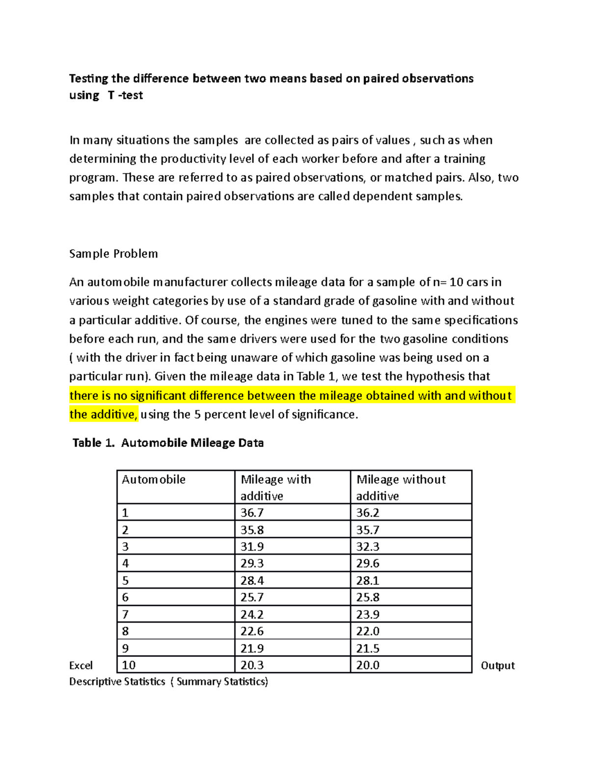 Ttest on paired observations Testing the difference between two