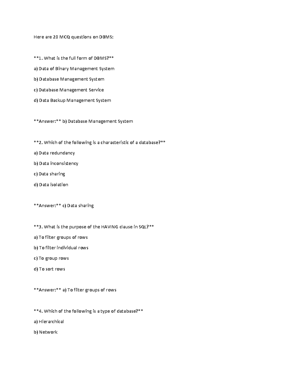 Mcq Questions On Dbms