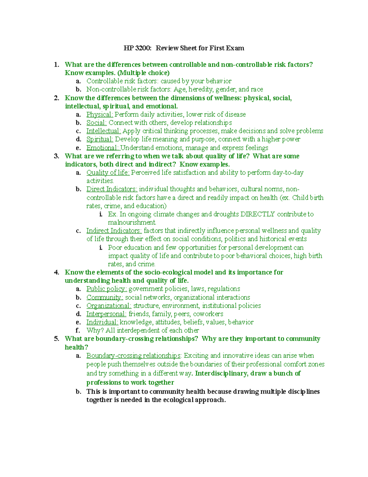 Community Health Exam 1 review - HP 3200: Review Sheet for First Exam 1 ...