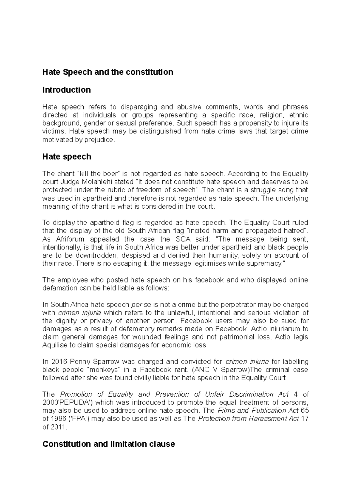 Cyber law mini assignment - Hate Speech and the constitution ...